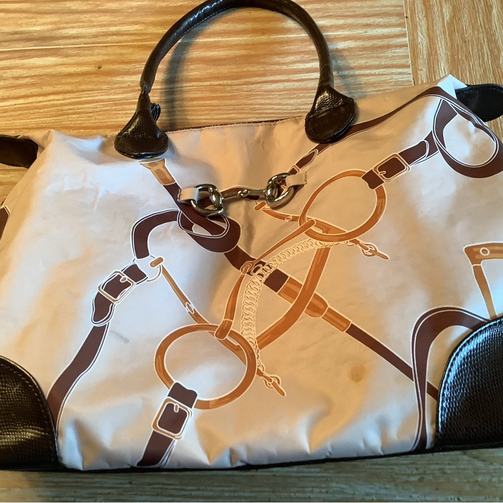 Fashion Top-Handle Tote Bag in Cream and Brown